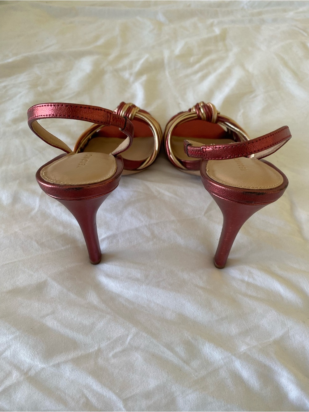 Veronica Beard Metallic Red & Gold Knotted Strap Heels - Picture 11 of 13